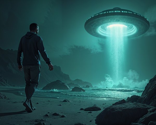 Lone Figure on Rocky Beach Under Glowing UFO
