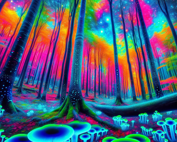 Surreal forest landscape with neon colors and galaxies