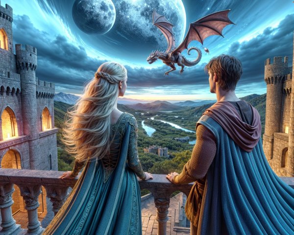 Regal Couple on Castle Balcony with Dragon and Moons