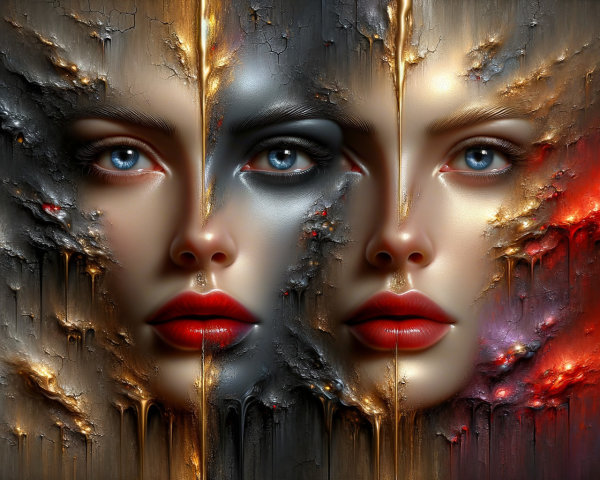 Abstract Artwork with Dual Faces and Textured Background