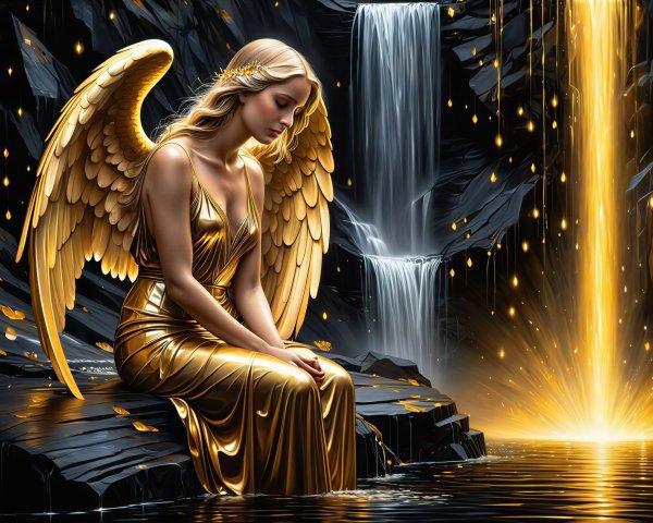 Angel in Golden Dress by Waterfall with Light Orbs