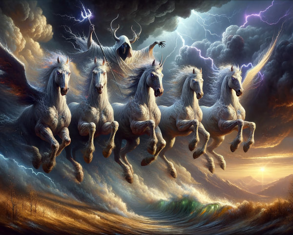 Cloaked Figure with Winged Horses in Stormy Sky