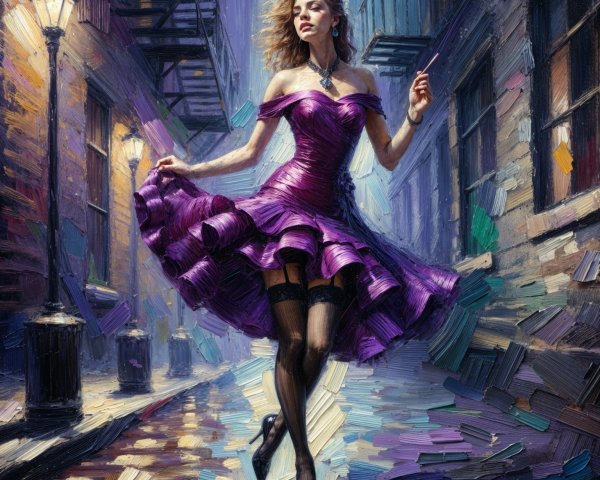 Elegant Woman in Purple Dress Twirling in Alley