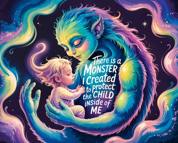 Mythical Creature and Child in a Cosmic Scene