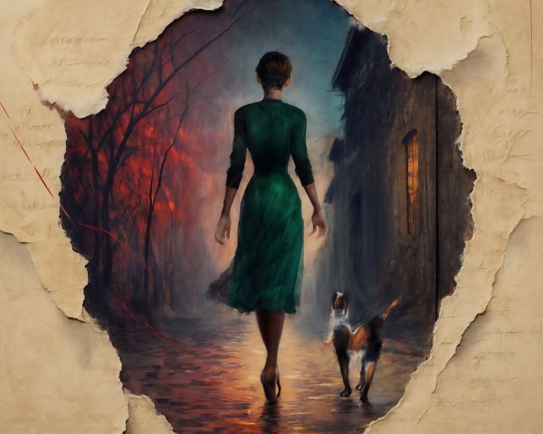 1950s Woman in Green Dress Walking Dog at Night