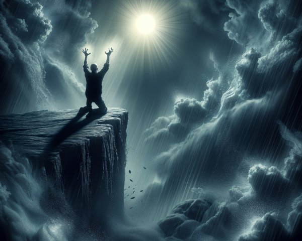 Solitary Figure on Cliff Against Stormy Sky and Sun