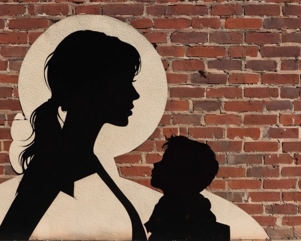 Silhouette of Woman and Child Against Brick Wall