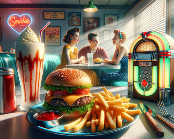 Friends Dining in a Retro Diner with Classic Meals