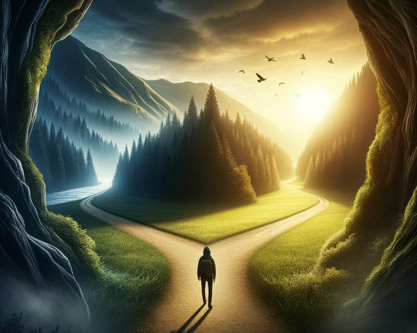 Crossroads in a Serene Mountain Landscape at Sunset