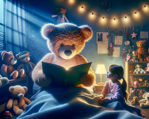 Cozy bedroom scene with teddy bear and young girl