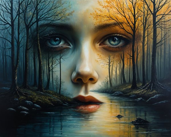 Serene Face Merging with Misty Forest Landscape