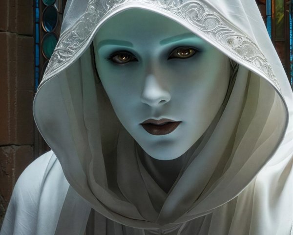 Woman in Hooded Cloak with Stained-Glass Background