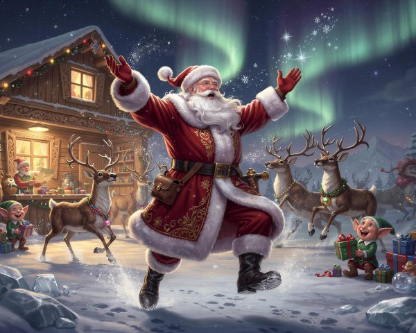 Santa Claus in Red Suit with Elf by Wooden Cabin