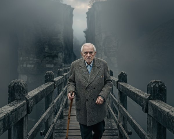 Elderly Man Walking on Misty Wooden Bridge