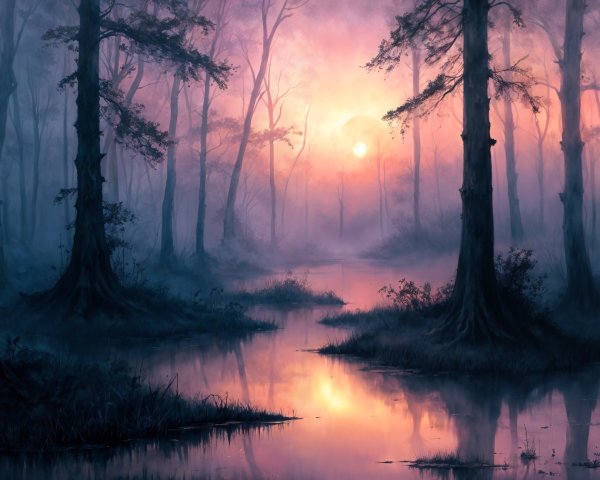 Tranquil Swamp Scene at Dusk with Silhouetted Trees