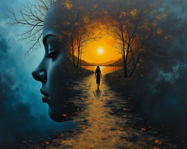 Surreal Landscape with Woman's Profile at Sunset