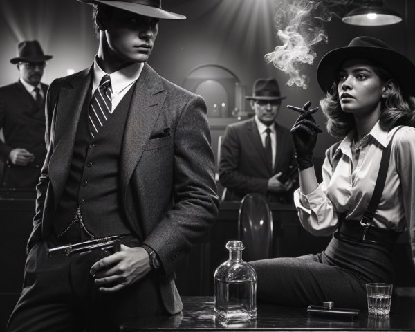 Noir Scene with Stylish Characters and Tension