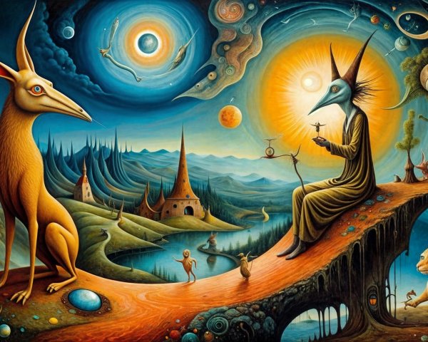 Surreal Bird-Human Hybrid in Vibrant Fantasy Landscape