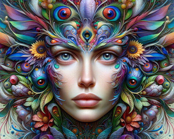 Detailed Face Surrounded by Botanical and Feather Elements