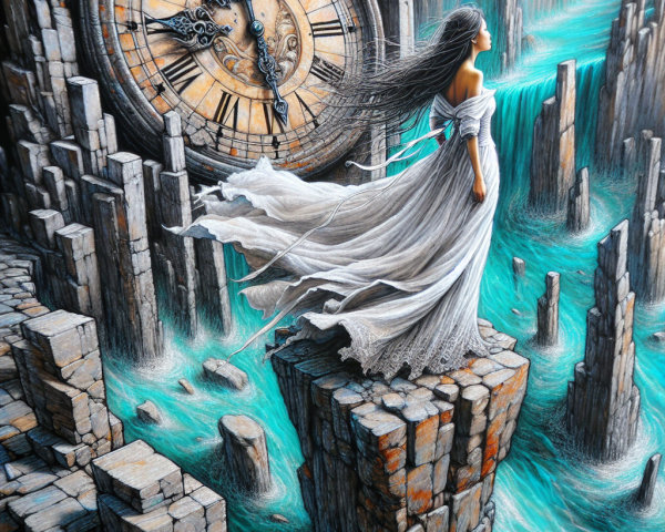 Ethereal Woman on Pedestal in Surreal Landscape