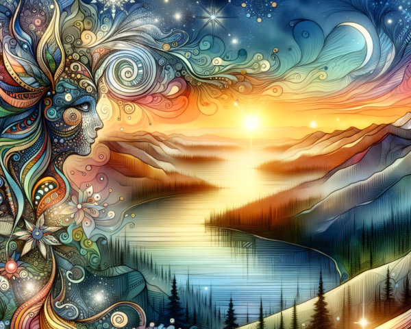 Vibrant Mystical Landscape with River and Mountains
