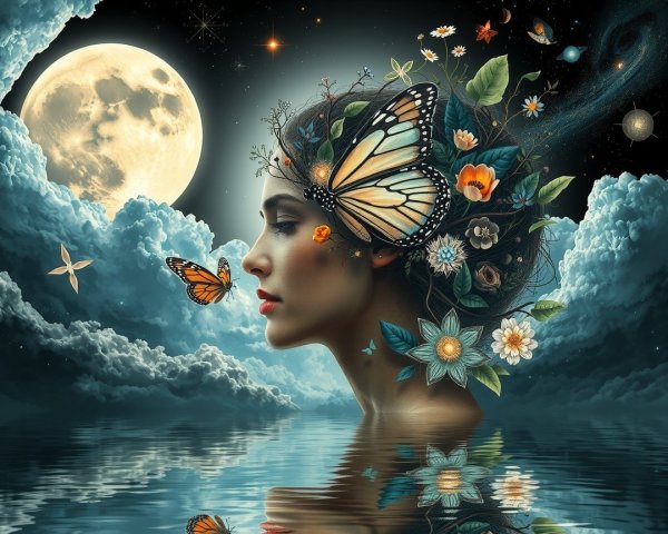 Profile of a Woman Surrounded by Nature and Moonlight