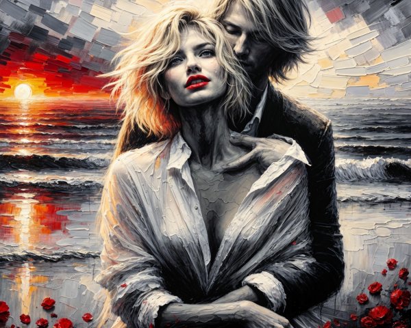 Couple Embrace at Sunset with Ocean Waves and Roses