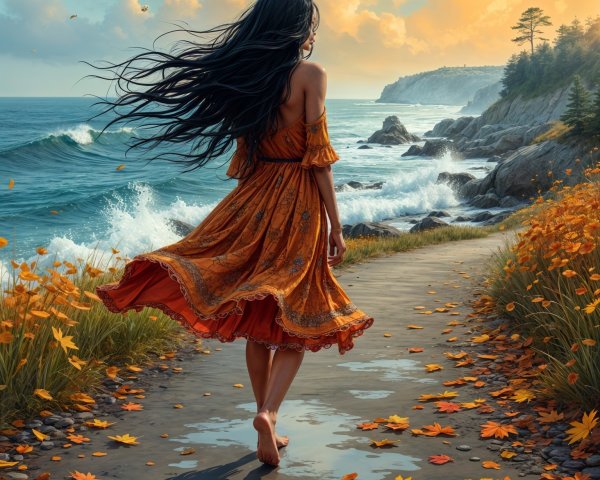 Coastal Scene of a Woman Walking on Autumn Path