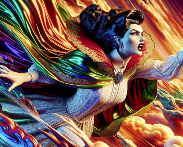 Mythical figure in vibrant swirling sky with cape