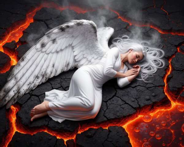 Angelic Woman Asleep on Volcanic Landscape with Wings