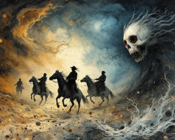 Cosmic Landscape with Four Horsemen and Skull Imagery