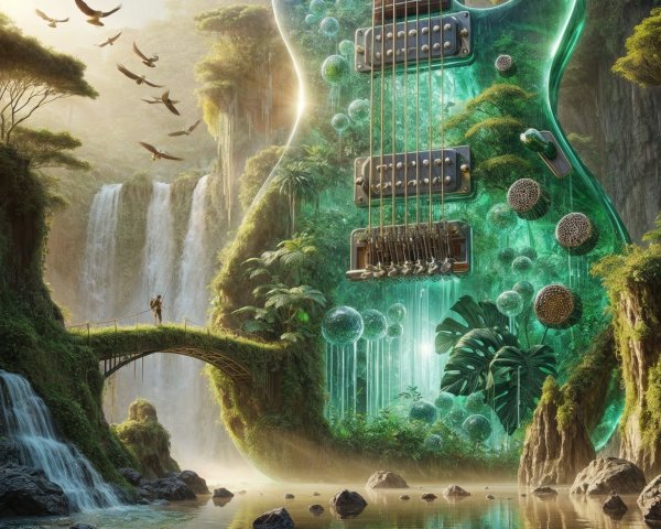 Surreal Landscape with Giant Green Electric Guitar