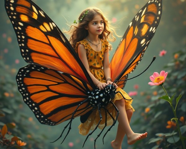 Whimsical Garden Scene with Girl on Butterfly