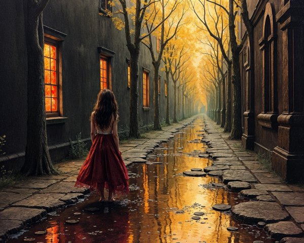 Young girl in red dress on autumn pathway scene