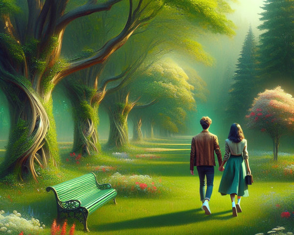 Couple Walking in a Serene Lush Landscape with Flowers