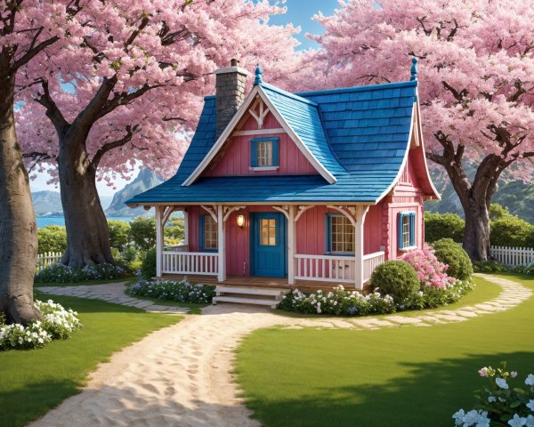 Charming Cottage with Blue Roof and Pink Walls