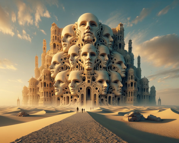 Surreal Castle with Faces Amidst Sand Dunes