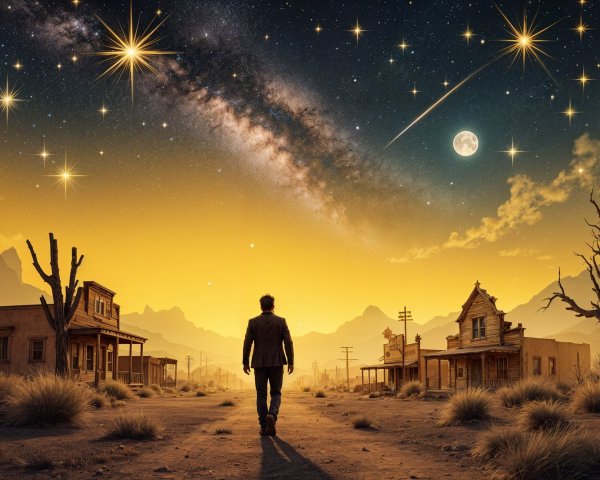 Solitary Figure in Deserted Ghost Town at Night