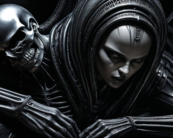Futuristic Humanoid Design with Skeletal and Metallic Elements