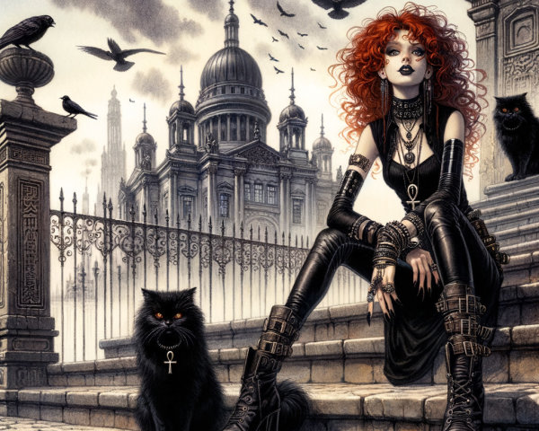 Gothic Scene with Red-Haired Figure and Dark Cats