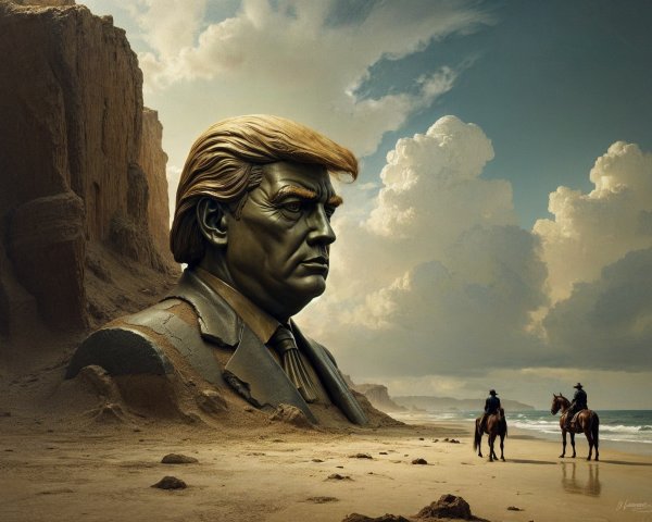 Towering Stone Sculpture by Coastal Cliffs with Riders