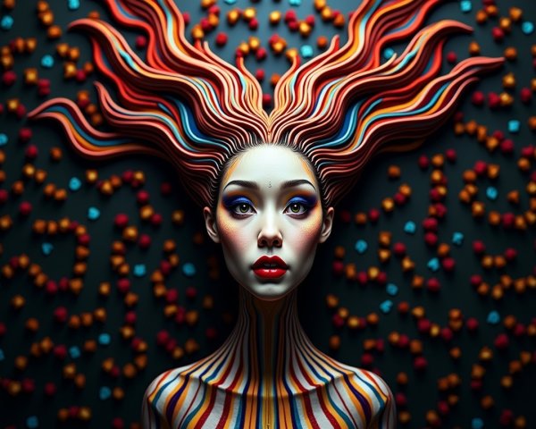 Vibrant Figure with Colorful Hair and Dramatic Makeup
