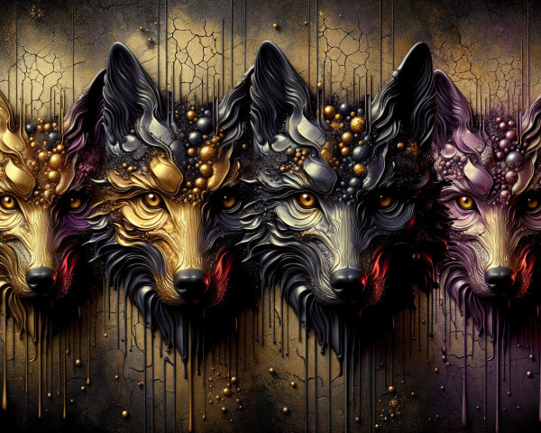 Stylized Wolf Heads in Gold, Black, and Purple