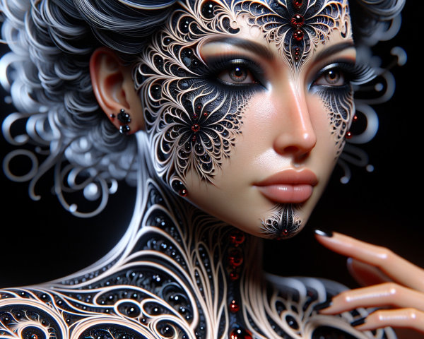 Portrait of a Woman with Intricate Body Art and Makeup