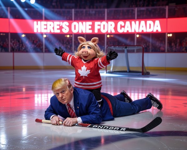 Playful Hockey Scene with Puppet and Man on Ice