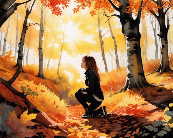Young Woman in Autumn Forest Surrounded by Leaves