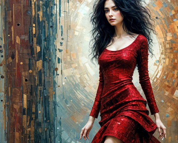 Elegant woman in red dress with mosaic panels
