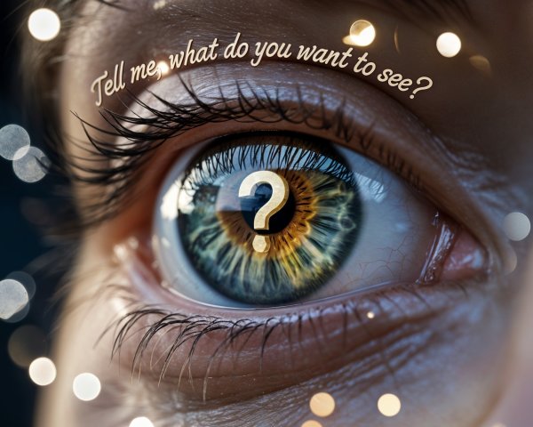 Close-up of a colorful human eye with question mark