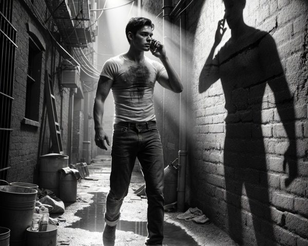 Lone Figure in Dimly Lit Alley with Phone and Shadows