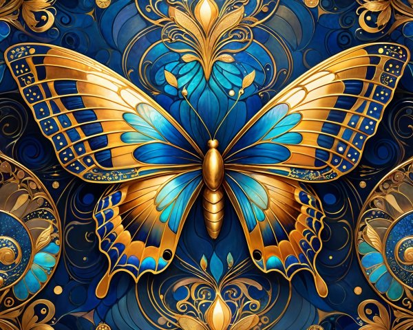 Intricate Butterfly with Golden Wings on Blue Background